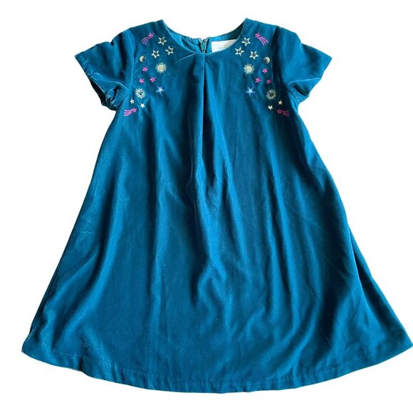 Mini Boden Girls Velvet Celestial Space Embroidered Green Dress - Size 4/5 - Picture 1 of 9